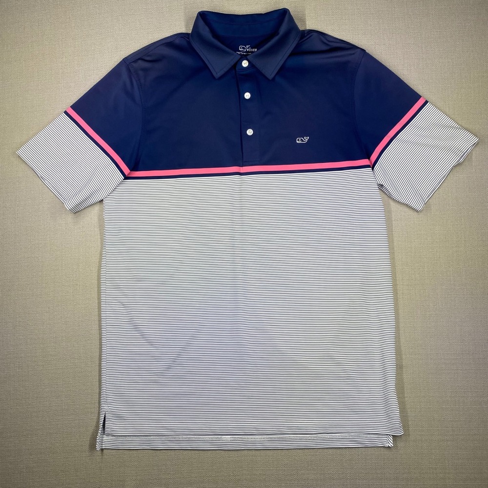 Vineyard Vines Mens Striped Performance S/S Golf Polo Shirt Navy Blue Size M